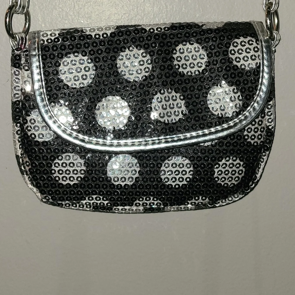 Sequins all over black and‎ silver poke a dots purse